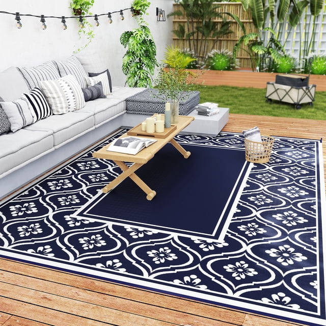 Outsunny 9' x 12' Reversible Outdoor Rug, Gourd Border, Blue, White