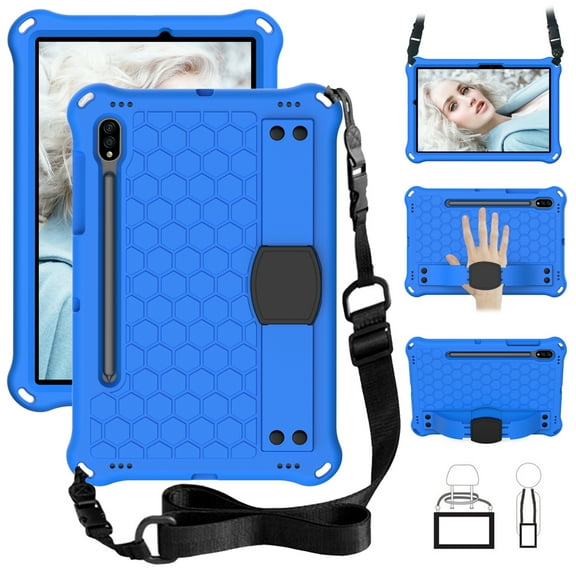 Dteck Case with Shoulder Strap for Samsung Galaxy Tab S7 11" SM-T870 T875 (2020 Released) 11-inch, Shockproof Rubber Silicone Protective Kickstand Cover with Hand Strap,Blue