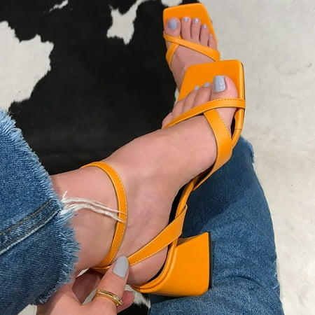 

Daqian Sandals for Women Clearance Women s Casual Vacation Outer Wear Flip Flop High Heel Square Toe Sandals Slide Sandals for Women Orange 6(37)