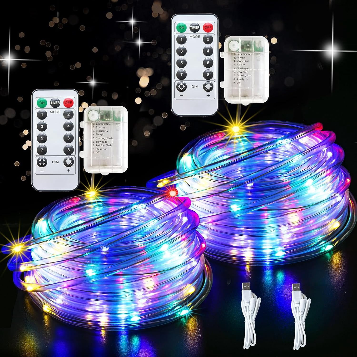 100 LED Rope Lights, 2 Pack 39ft USB Battery Operated Rope String Light