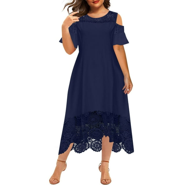 FAVIPT Robes Formelles pour Femmes Été Patchwork à Volants Robes Élégantes Manches Courtes Col Rond Robe Grande Taille Coupe Ample Dentelle Robes 2025 Bleu,TTTG