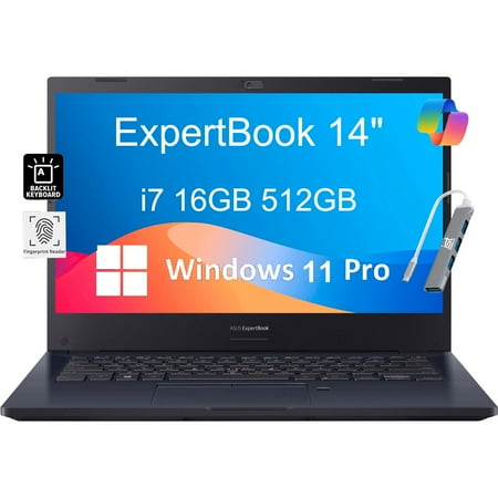 ASUS ExpertBook Thin & Light Business Laptop (14" FHD, Intel Core i7, 16GB RAM, 512GB PCIe SSD) for Small Business, Traveling, Engineering, Backlit, 3-Yr WRT, IST HDMI, Win 11 Pro w/AI Copilot, Black