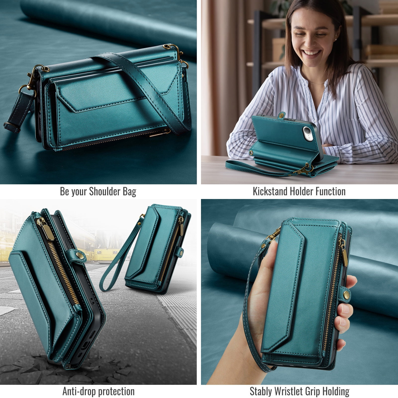 Compatible with iPhone 16e/SE 2025/SE 4 Zipper Wallet Phone Case Tempered Glass Screen Protector Crossbody Lanyard Strap Flip Card Holder Slot Cell Cover for i Phone16e i16e 16 e SE4 Women Green