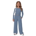 thumbnail image 6 of UACY Girl's 2 Piece Matching Lounge Set Long Sleeve Side Ruching Top Wide Leg Drawstring Pants Set with Pockets, 6 of 9