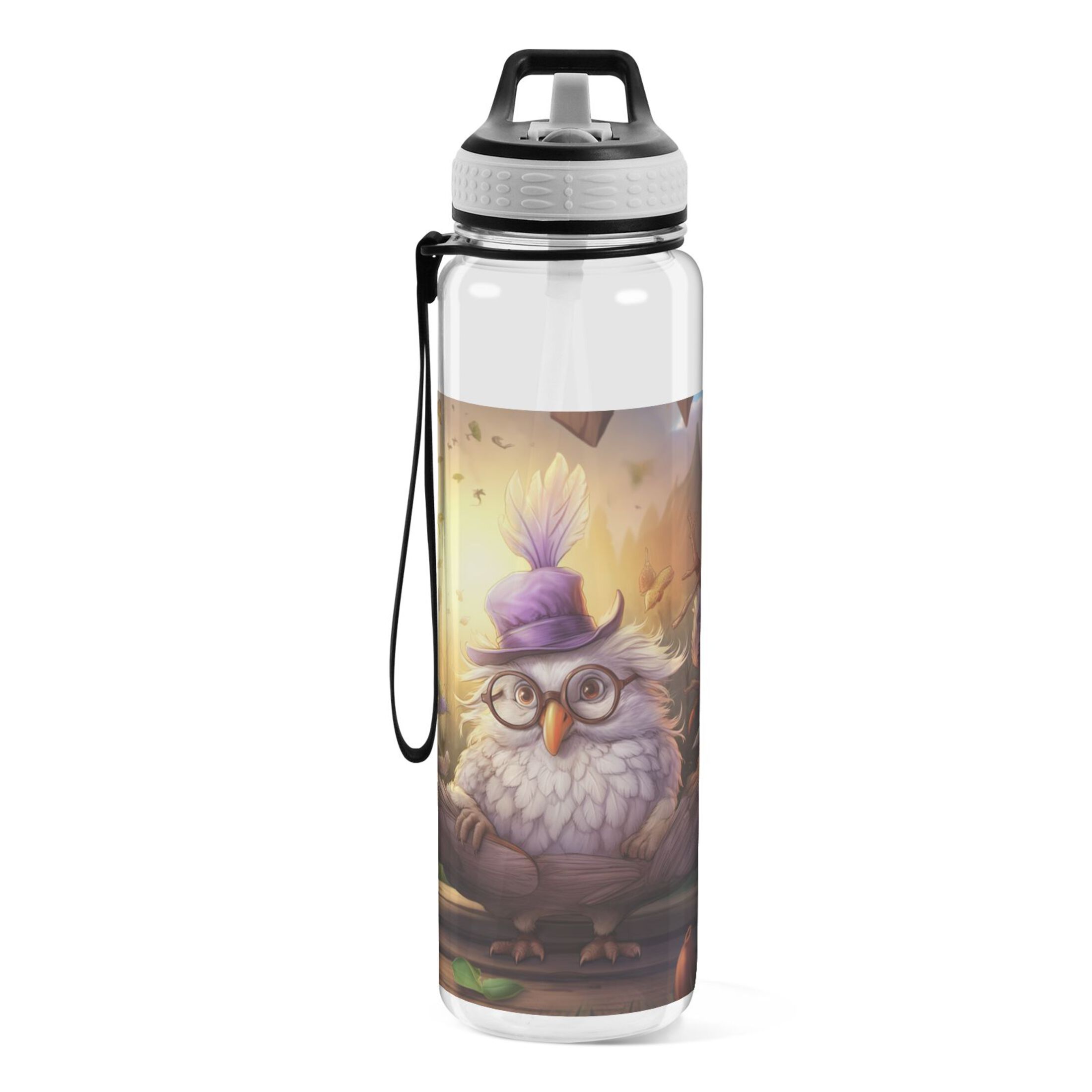 Bird Hat Glasses Dolls Sports Water Bottle Portable Travel Mug 32oz BPA Free Leak Proof Straw Transparent Tritan for Gym Yoga Cycling Camping