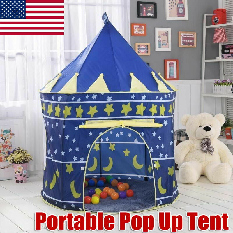 Pop Up Portable Glow in The Dark Stars Blue Kids Play Tent with Light Bonus Carrying Case Children Castle Playhouse for Girls Boys Baby Toddler Indoor & Outdoor Use 