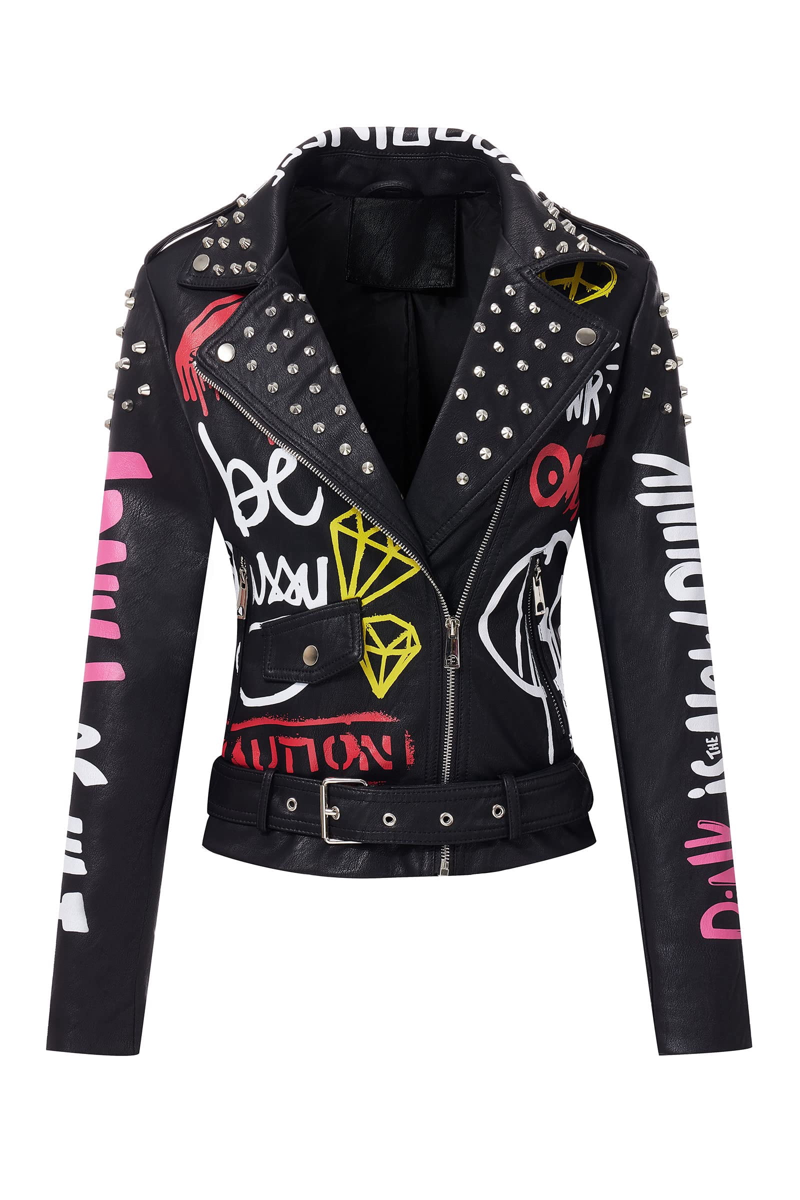 Giolshon Faux Leather Jacket for Women Studded Rivet Floral Moto Biker Coat