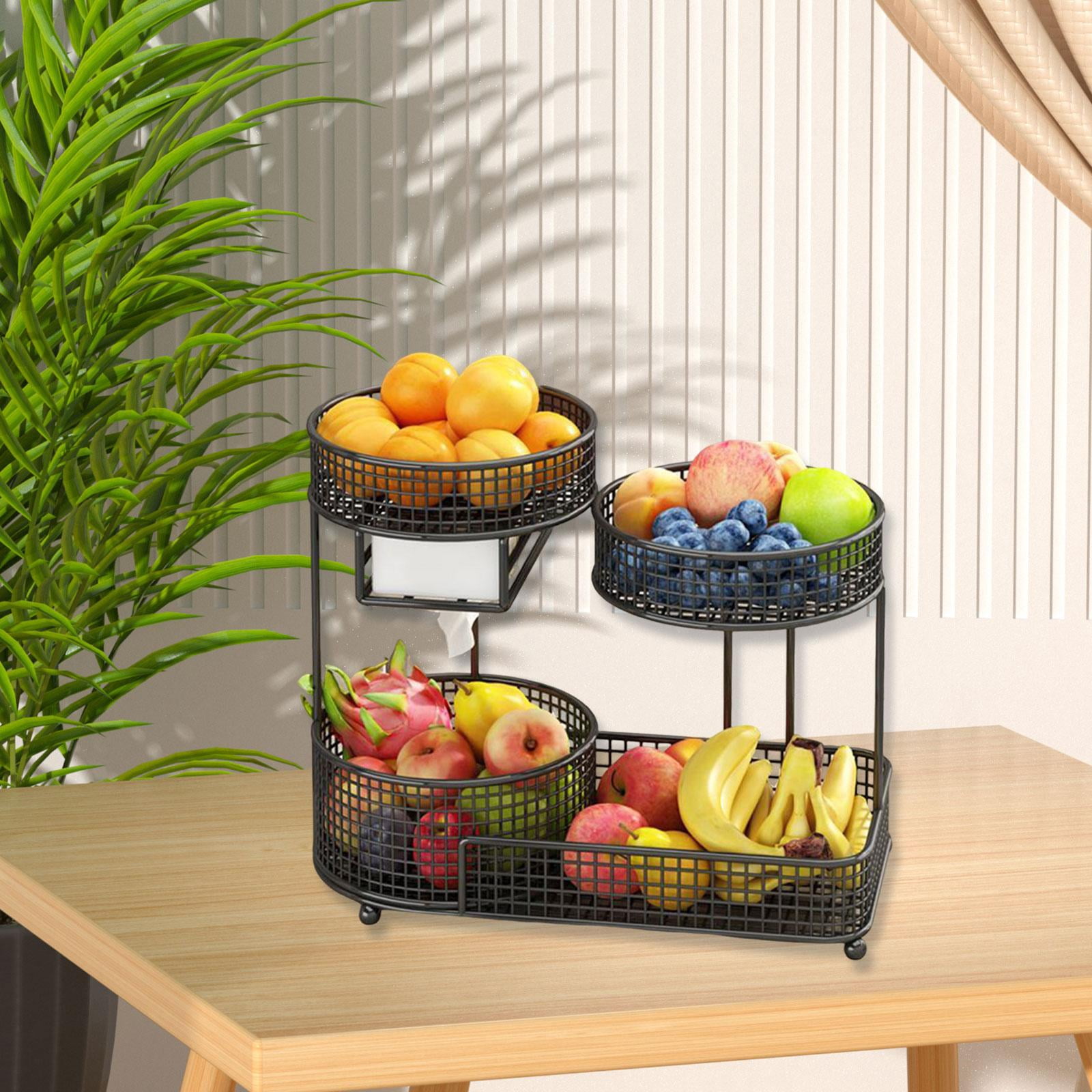 Fiocias 3-Tier Kitchen Fruit Basket, Large Capacity, Vegetable Basket with Tissue Holder Black