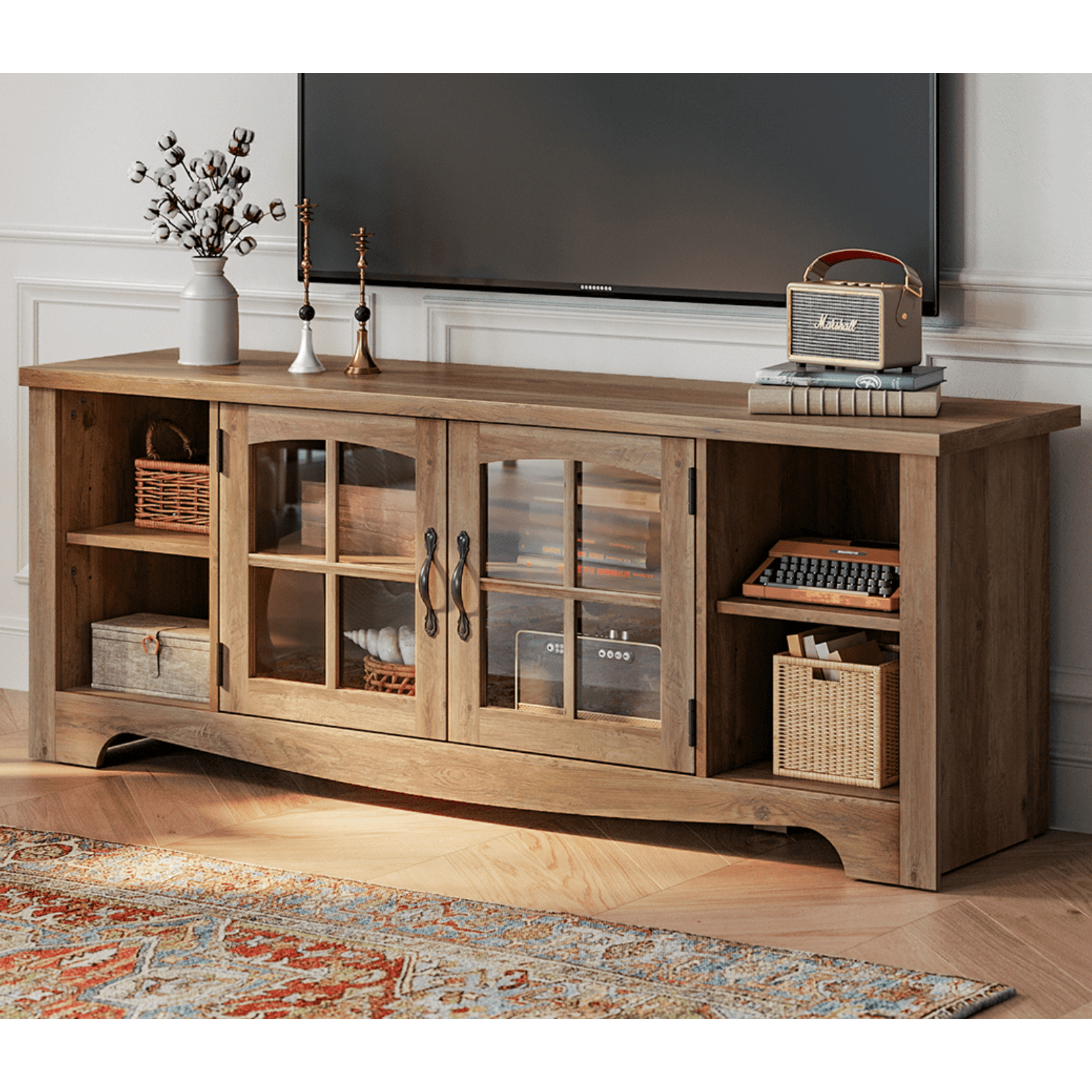 LINSY HOME Modern Farmhouse TV Stand for TVs up to 65",Home Entertainment Center with Storage Cabinet and Adjustable Shelves,Brown