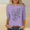 thumbnail image 2 of 3/4 Length Sleeve T Shirts Soft Cotton Tshirts Floral Printed Cute Summer Tunic Tops for Women Crew Neck Graphic Basic Tees (L, Purple 02), 2 of 5