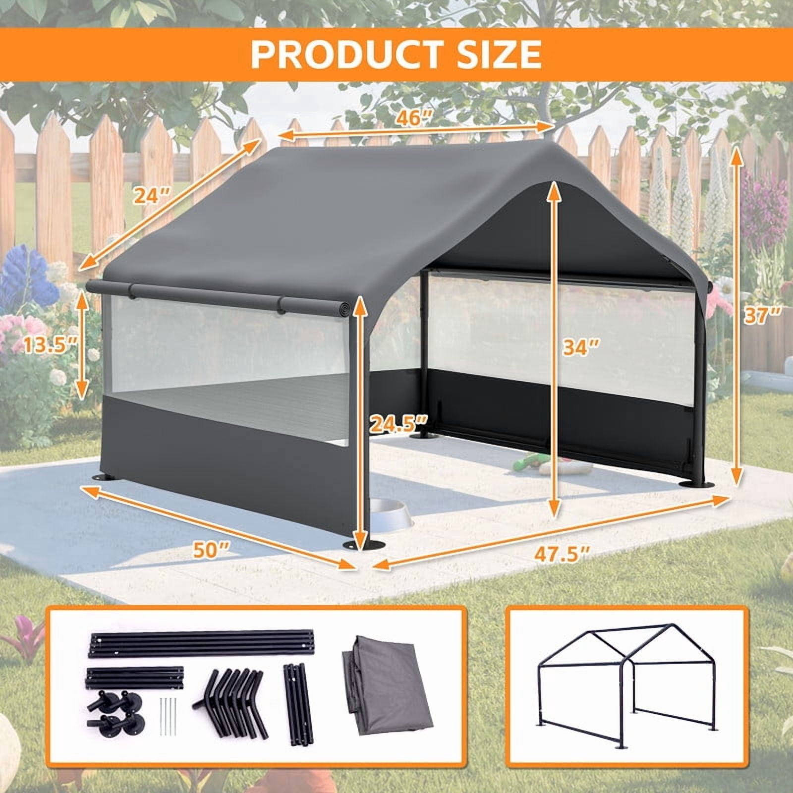Qifang Outdoor Dog House Tent, 4x4ft Portable Pet Shelter with Mesh Windows, Waterproof Canopy, Steel Frame & Ground Stakes for Dogs Cats, Gray