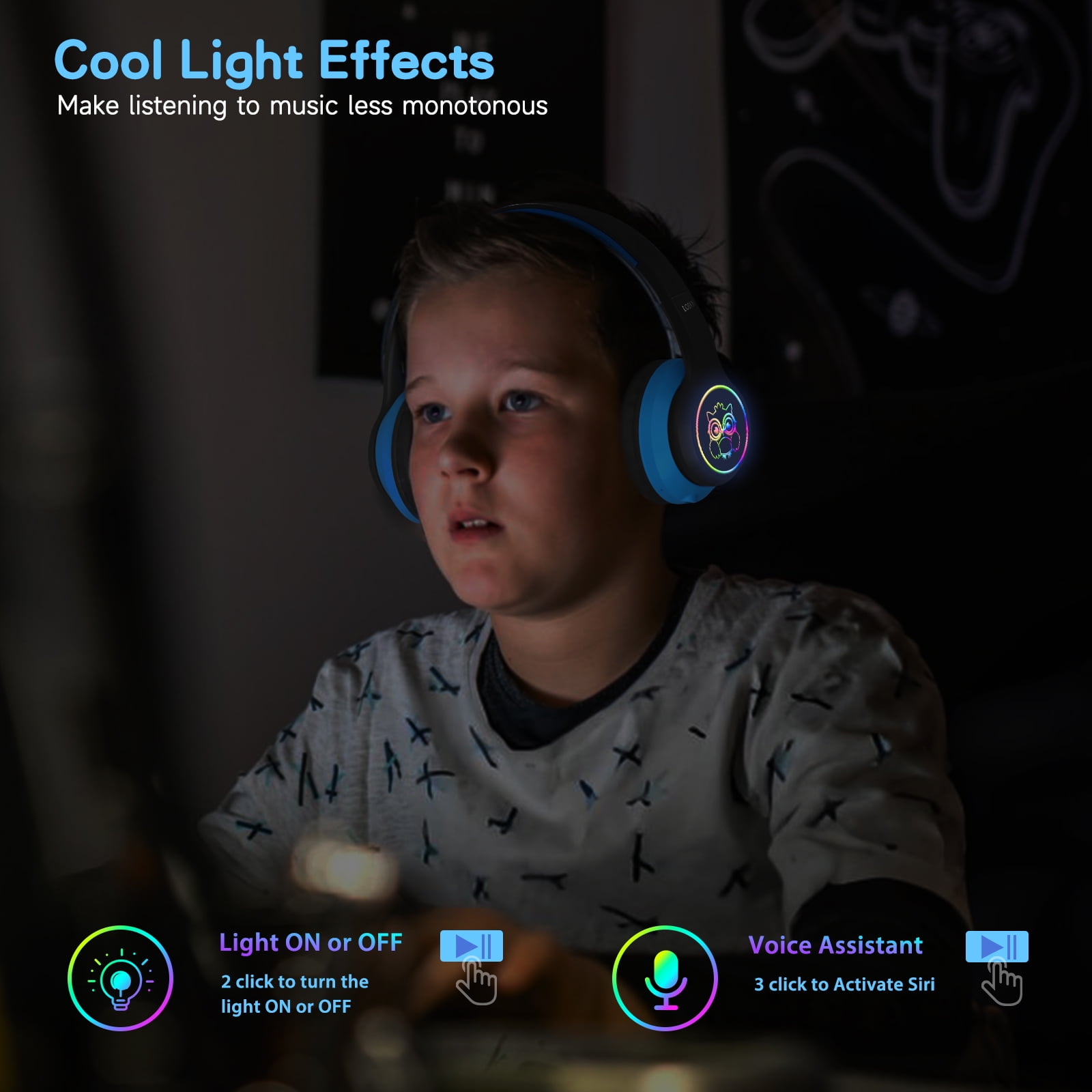 LOBKIN Kids Wireless Headphone Fashion Cute Headset for Girls Boys School/Travel/Tablet,Blcak