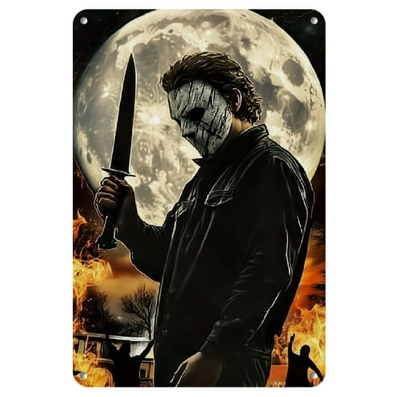 Vintage Halloween Tin Sign - Horror movie decor, Ghost Mask with Haunted House, suitable for family bar/ coffee shop, 8X12 inch vintage wall art