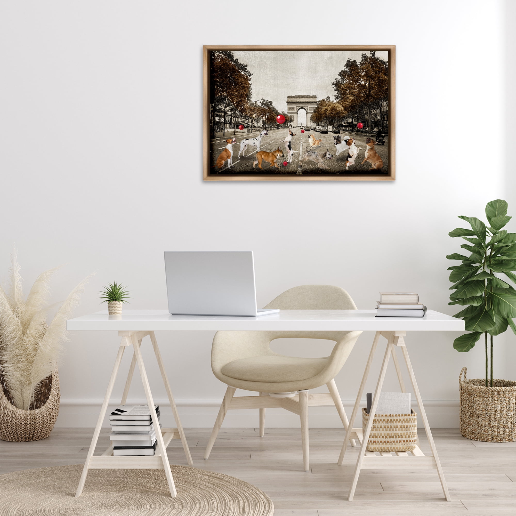 Stupell Industries Dogs Playing Among Architecture Animals & Insects Painting Brown Floater Framed Canvas Art Print Wall Art, 31 x 21