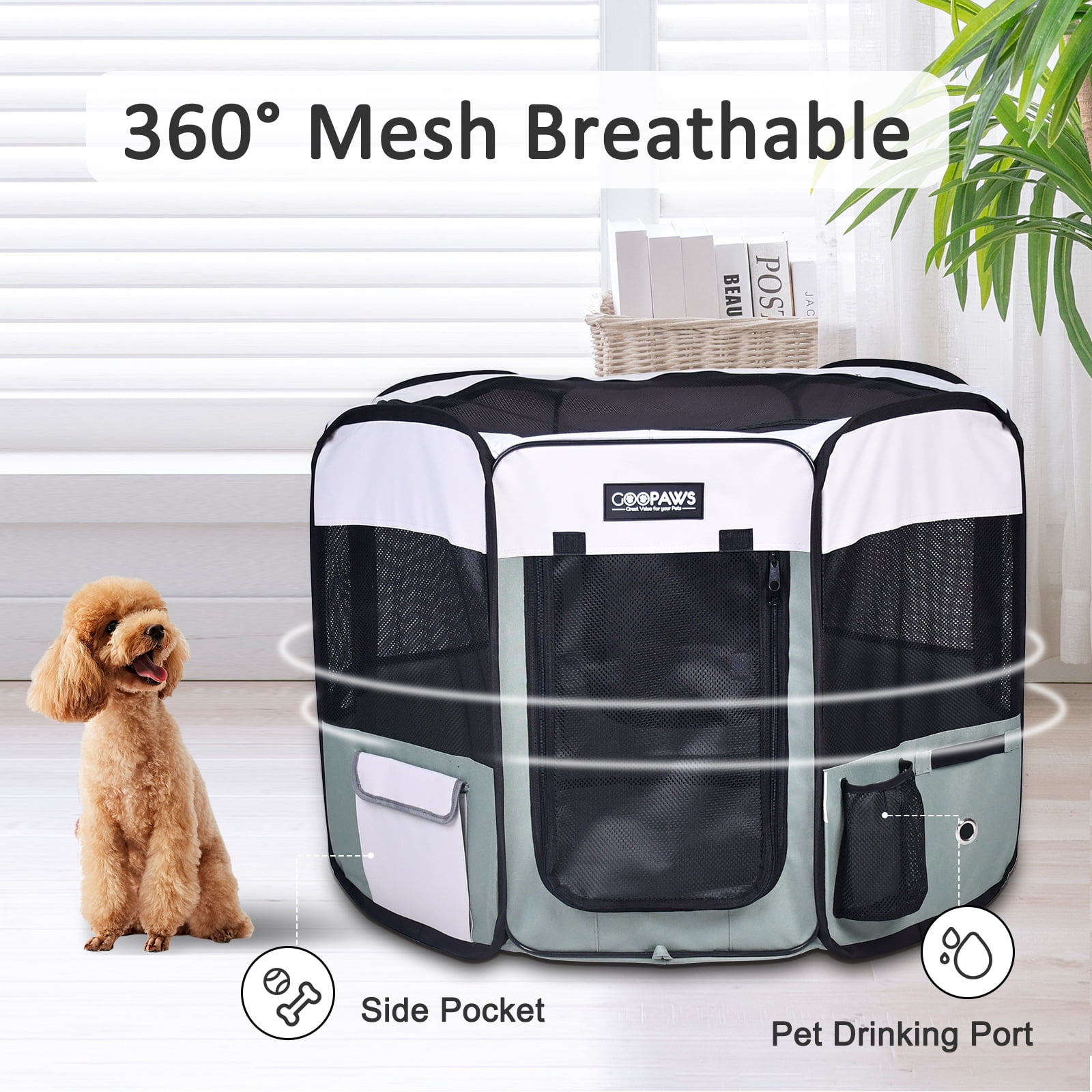 GOOPAWS Soft-Sided Pet Playpen for Indoor/Outdoor Use with Carry Bag, 36"