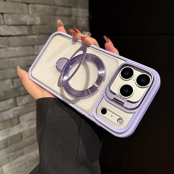 Slim Magnetic Case For iPhone 16, Translucent Matte Back with Metal Camera Guard, Built-in Ring Stand, MagSafe Compatible, Anti-Fingerprint Shockproof Bumper Shell, Lightpurple