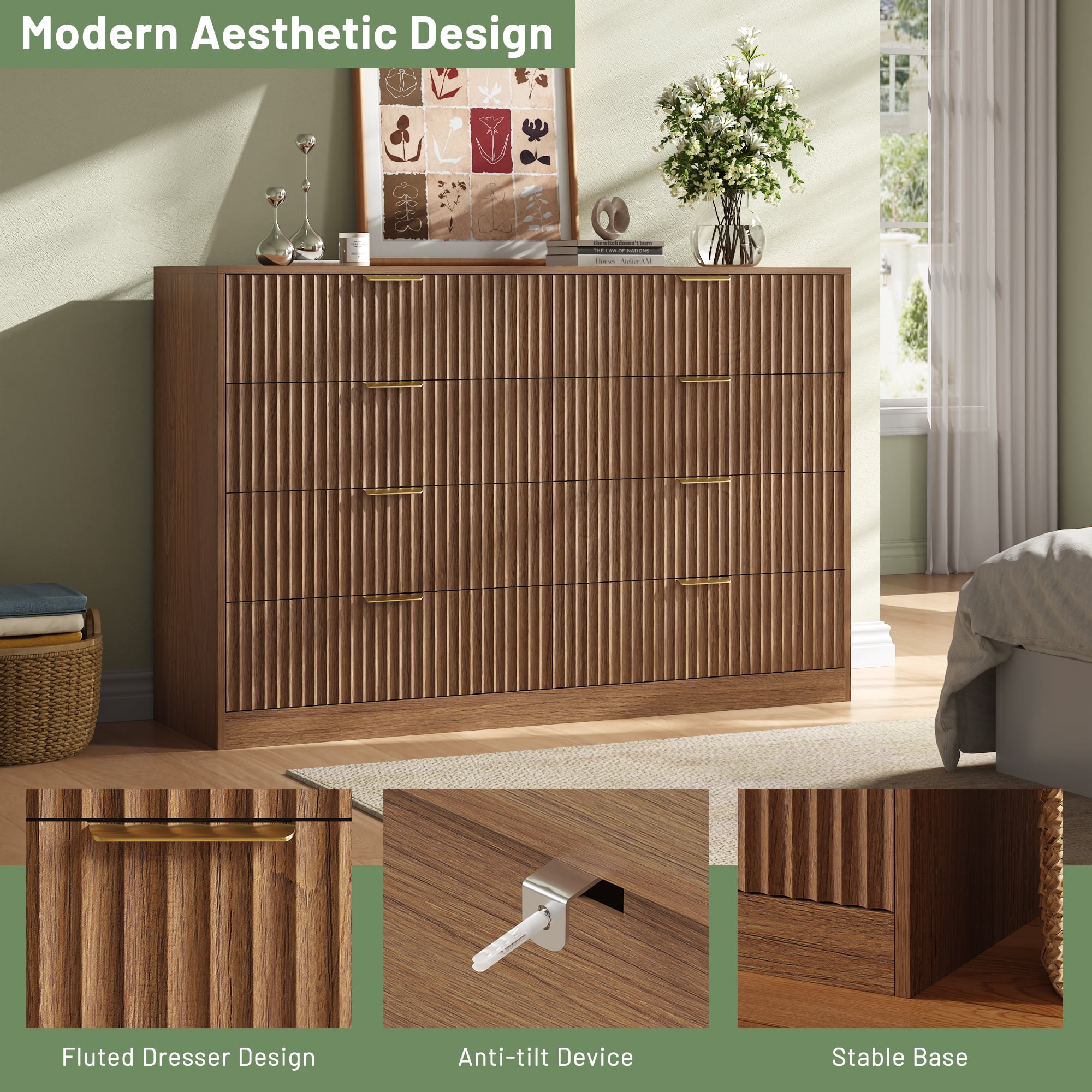 ASTUVIA 55.1" W Fluted 8 Drawer Dresser for Adult,Wooden Bedroom Dresser,Dresser TV Stand up to 65" for Living Room,Oak