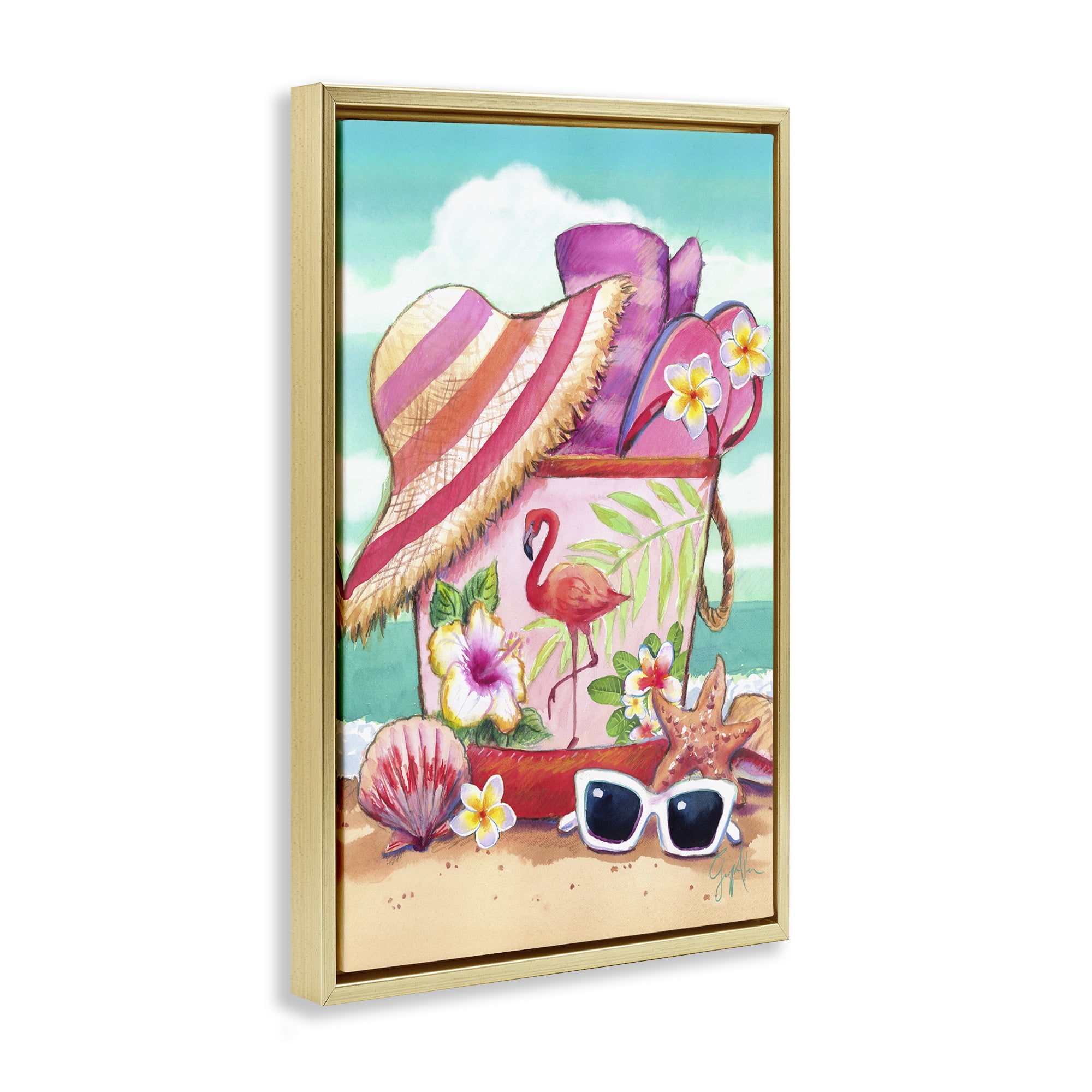 Stupell Industries Floral Beach Bag Nautical & Beach Painting Gold Floater Framed Canvas Art Print Wall Art, 21 x 31