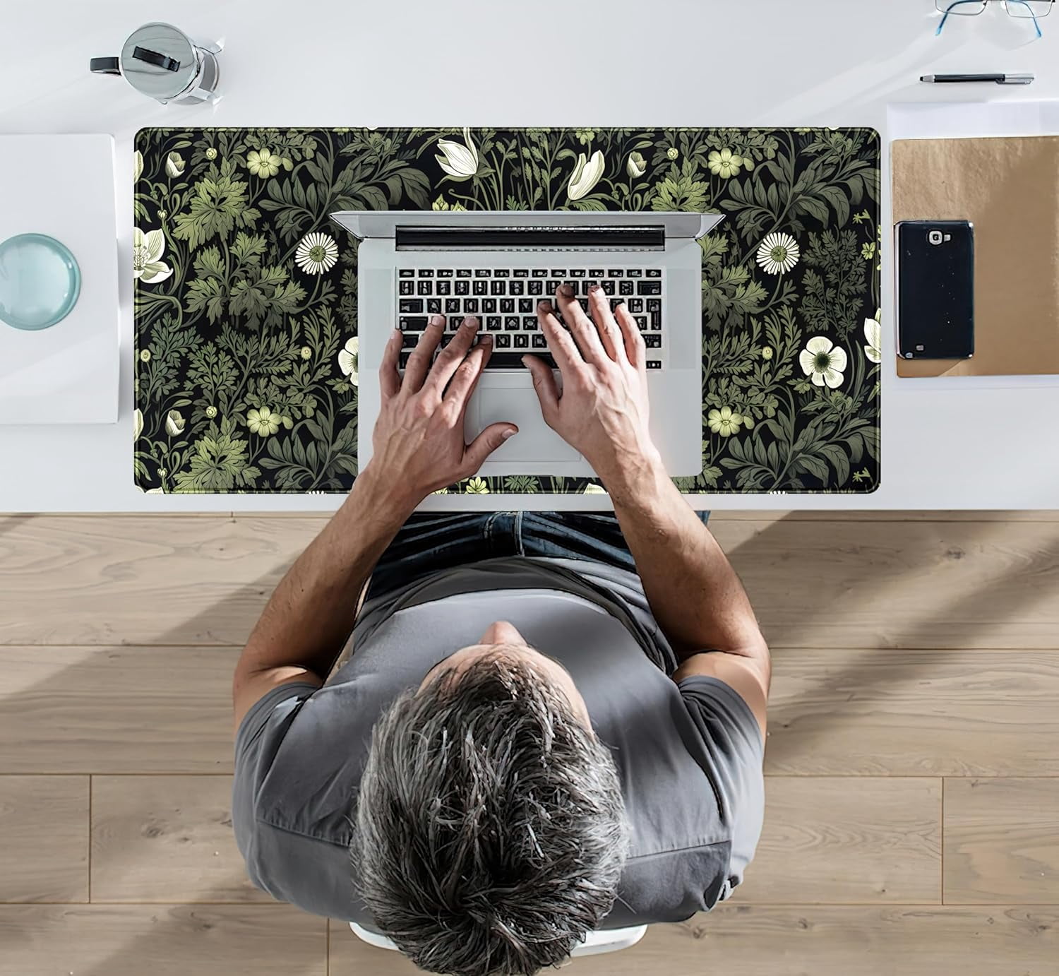 Dark Green Floral Plants XXL Gaming Mousepad & Desk Pad - Nature Leaf Flower Laptop Keyboard Mat 31.5 x 15.75