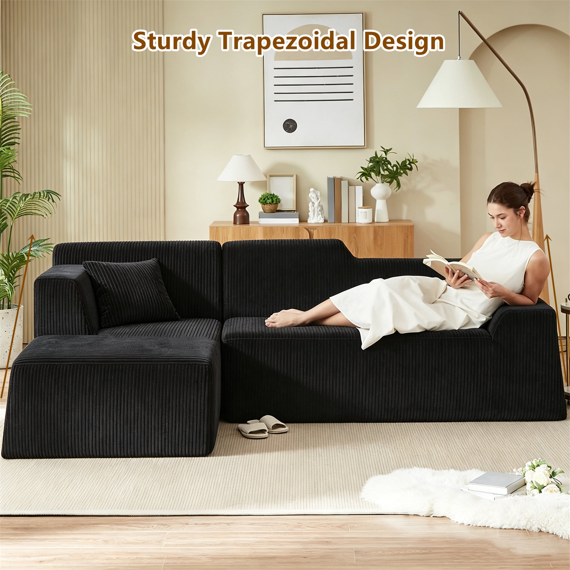 Aukfa 97" Cloud Sectional Sofa Tight Back Boneless Couch Modular L-Shaped Couch, Left Chaise Corduroy Sofa for Living Room, Black