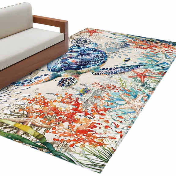 Coastal Sea Turtle Large Area Rugs for Bedroom Living Room, Soft Non Slip Carpet Bedside Rug, Rustic Vintage Nautical Starfish Coral Rectangle Floor Cover Kitchen Accent Rug 3'x5' for Office