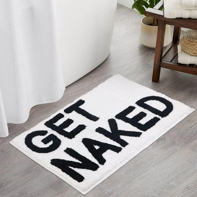 HAHDAXIA Get Naked Bath Mat, Non Slip Absorbent Bath Rugs Funny Bathroom Décor, White Bathroom Rugs for Tub and Shower, Machine Washable, 32" x 20", White