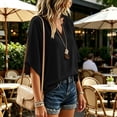 thumbnail image 7 of hoksml Women Raglan Gathered Notch V Neck Dolman Half Sleeve Blouse Cotton Linen Crinkle Loose Curved Hem Casual Top for Daily Vacation, 7 of 7
