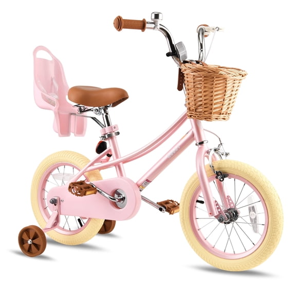 RULLY 14 Inch Girls Bike for Ages 3-5, Kids Bicycle with Training Wheels, Basket & Doll Seat, Pearl Pink Retro Cruiser Bike with Coaster Brake