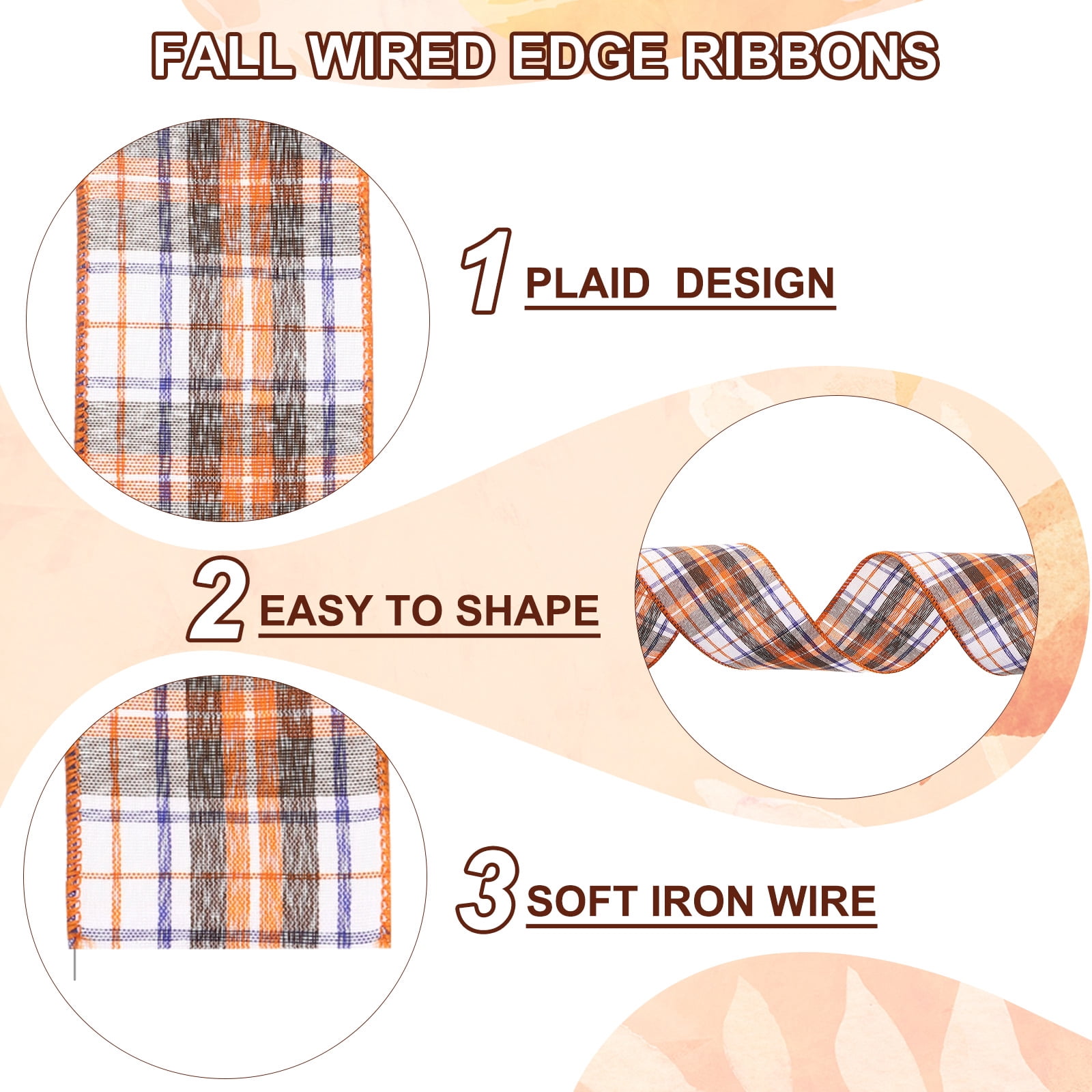 Uxcell Fall Wired Edge Ribbon for Thanksgiving DIY Craft Bows and Wreath Wrapping Blue/White/Orange/Orange