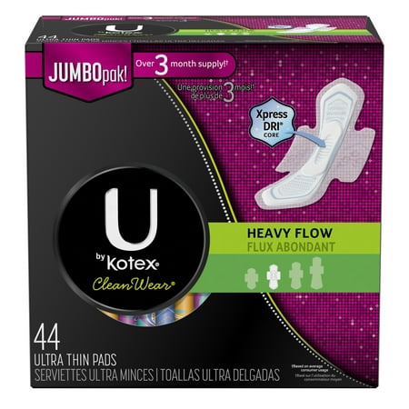 U by Kotex CleanWear Ultra Thin Pads with Wings, Heavy Flow, Unscented, 44