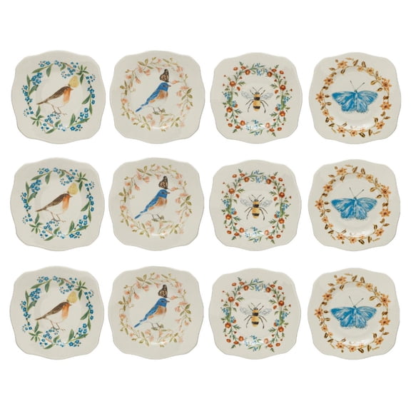 Creative Co-Op Stoneware Plates with Painted Fauna and Scalloped Edge, 4 Styles, Set of 12