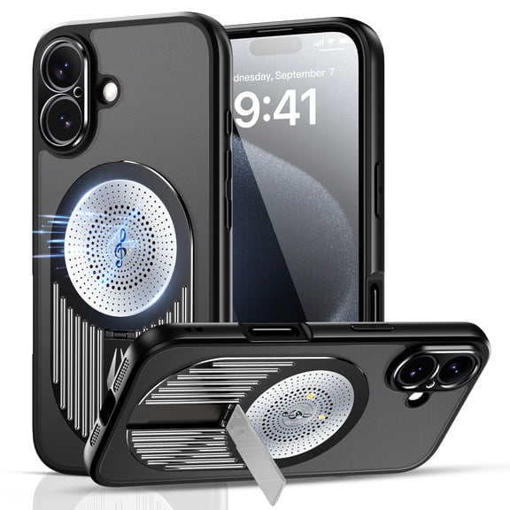 ELEHOLD for iPhone 16 Magnetic Case,Thin Fit Translucent Matte Back Slim Compatible with Mag Safe Accessory Build-in Invisible Stand Shockproof Heat Dissipation Phone Cover,Black