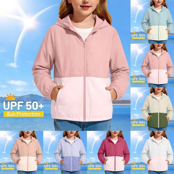 Spazoro Toddler Girls UPF 50 Sun Protection Jacket, Quick Dry Hooded Zip Up Color Block Lightweight Fashion Clothes for Outdoor Pink Size 5-6