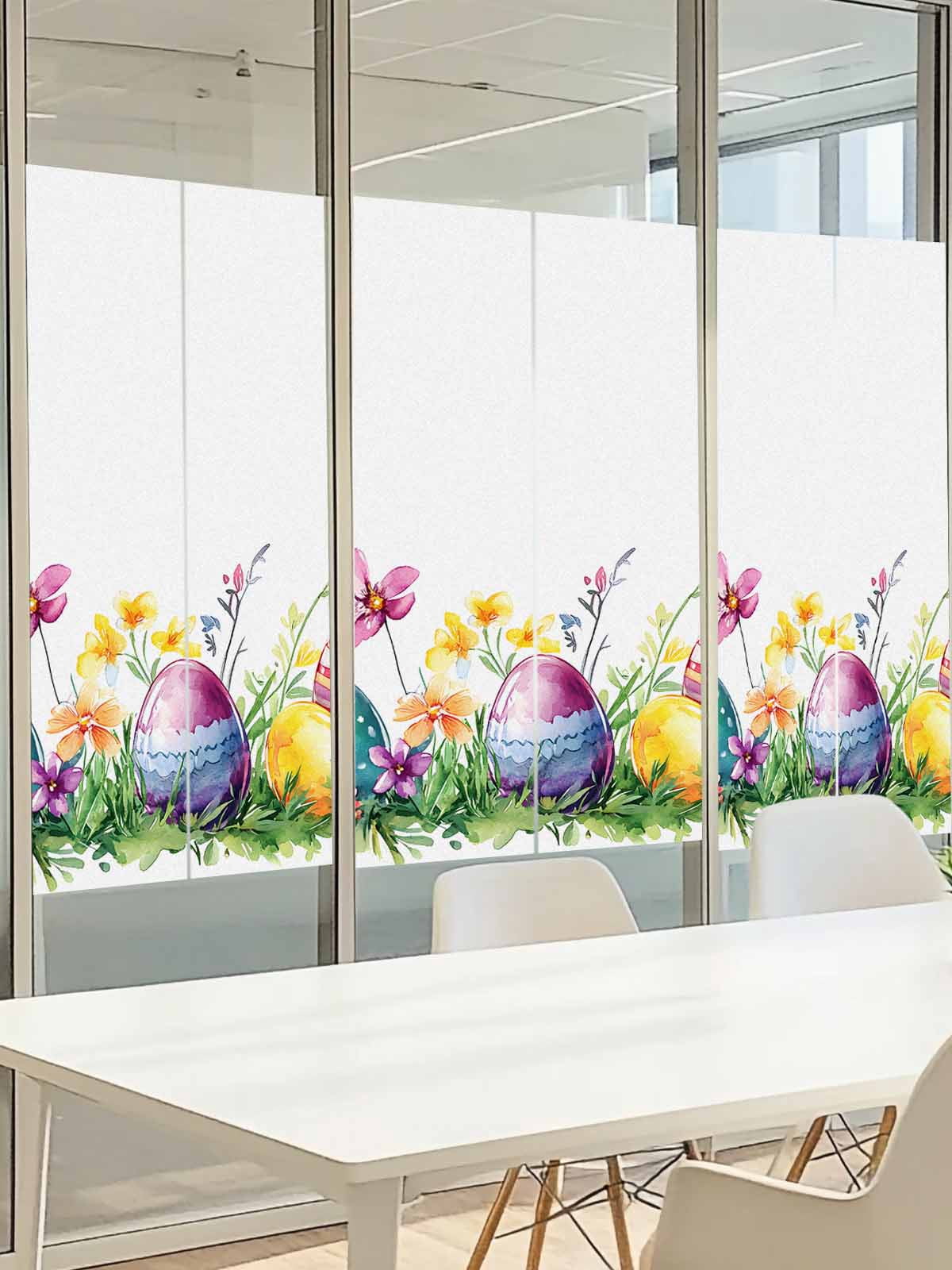 Easter Eggs Window Privacy Film, Green Yellow Purple Egg Spring Purple Yellow Floral Leaf Frosted Glass Window Clings Static Cling UV Heat Blocking Reusable Door Sticker for Bedroom 23.6x78.7 Inch