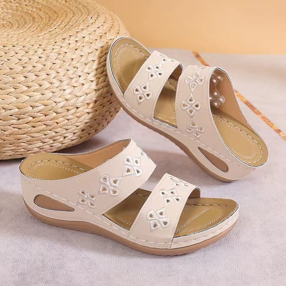 Walking Sandals Women Orthopedic Sandals for Women Comfortable Wedge Shoes Slip On Wide Width Sandals for Women Dressy Summer Casual Walking Sandals Arch Support Slides Sandals Beige 5.5