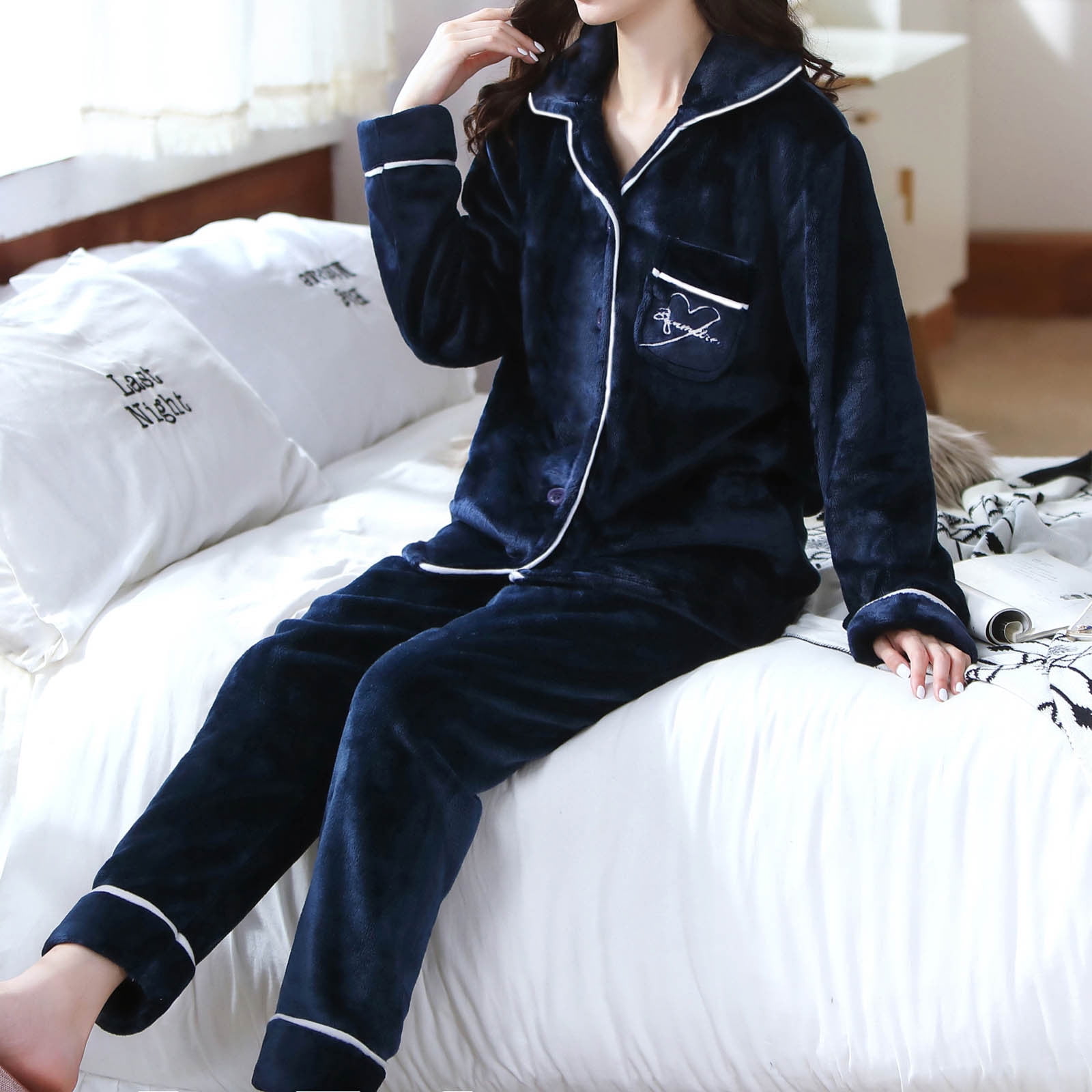 Smihono Ladies Fashion Flannel Solid Print Pocket Long Sleeve Long Pants Pajama Suit Blue