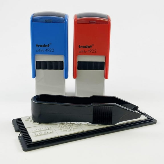 10-in-1 Teacher Stamp Kit - Includes 2 stamps with Red and Blue ink and 10 Interchangeable Messages  – 13/16” x 13/16”