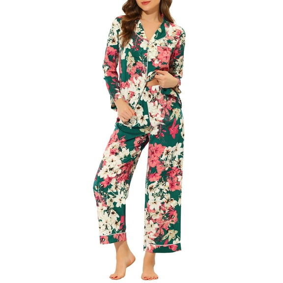 Unique Bargains Women's Pajama Sleep Shirt Nightwear Sleepwear Lounge Satin Pj Sets