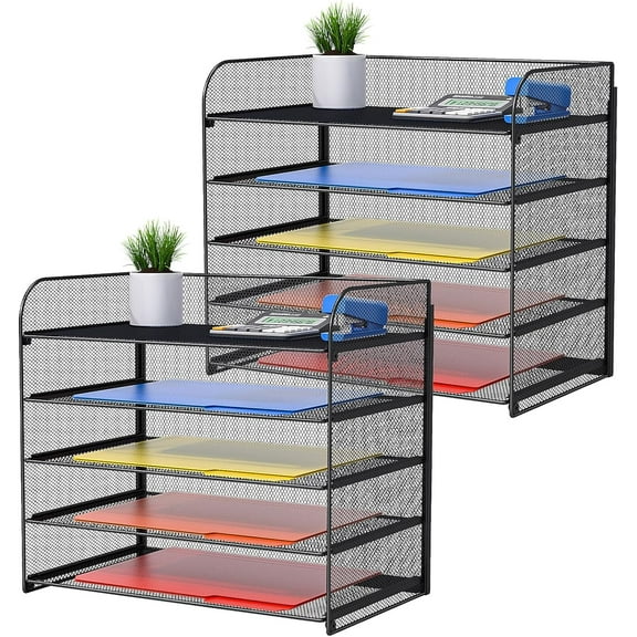 2 Pack Legal/A4/Letter Size Desk Paper Organizer Desktop File Organizer Document Sorter, 5 Tier Mesh Letter Tray File Folder Holder Office Accessories Organization