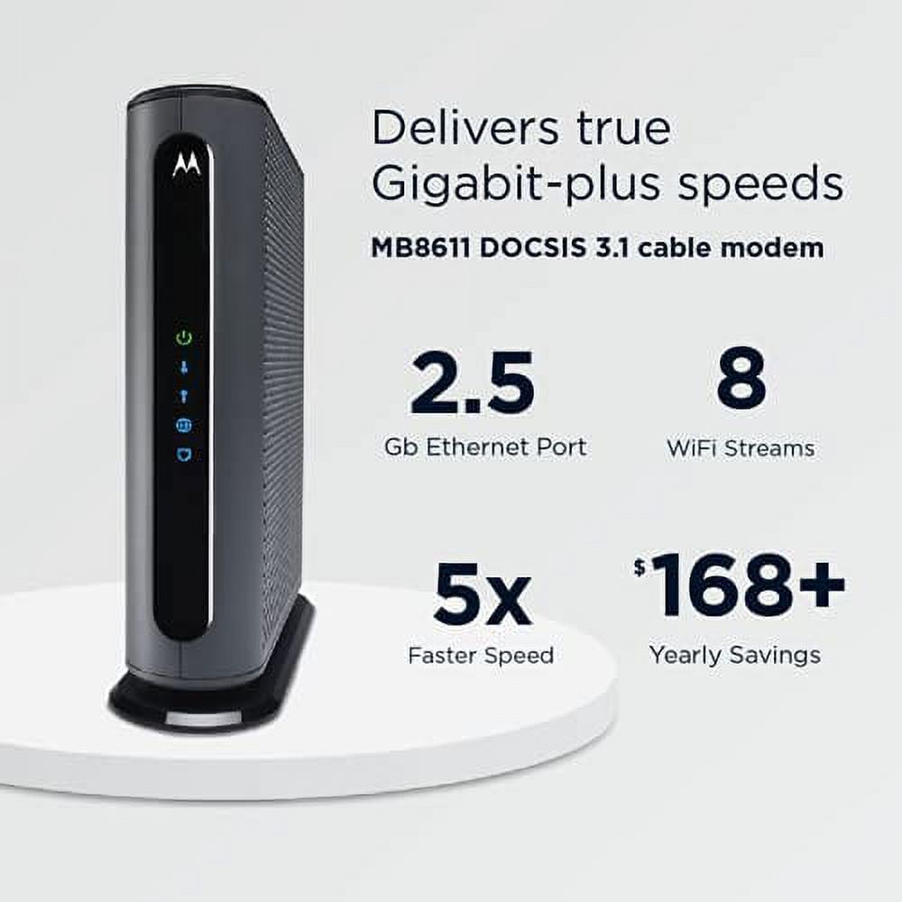 Motorola MB8611 DOCSIS 3.1 Multi-Gig Cable Modem | Pairs with Any WiFi Router | Approved for Comcast Xfinity, Cox Gigablast, Spectrum | 2.5 Gbps Port | 2500 Mbps Max Internet Speeds