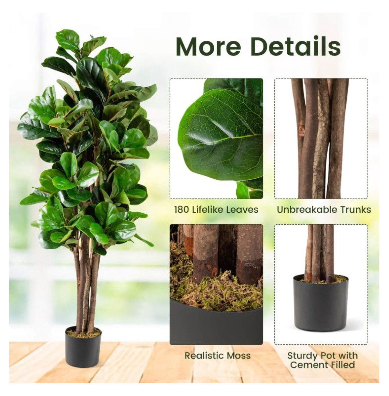 5ft Artificial Fiddle Leaf Fig Tree, Decorative Indoor Plant, Realistic Greenery, Home & Office Decor, Plastic Planter with Moss, 180 Leaves