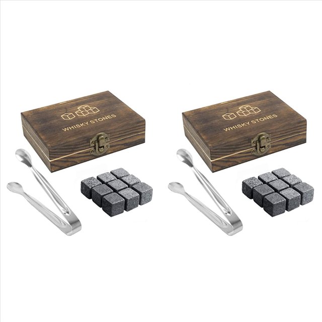 Juego 18 Rocas de Whisky de Granito con Caja de Madera Cubos de Hielo de RefrigeracióN Reutilizables
