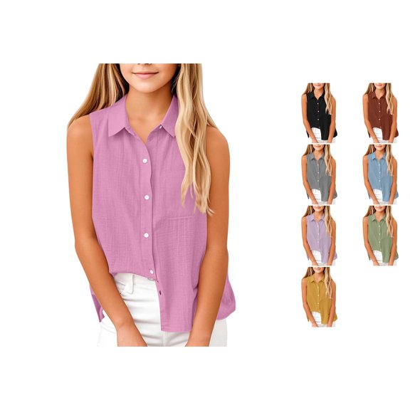 Vrotazzy Girls Blend Button Down Vest Shirt for Everyday Casual Wear Youth Sizes with Sleeveless Tank Top and Collared for Spring Summer