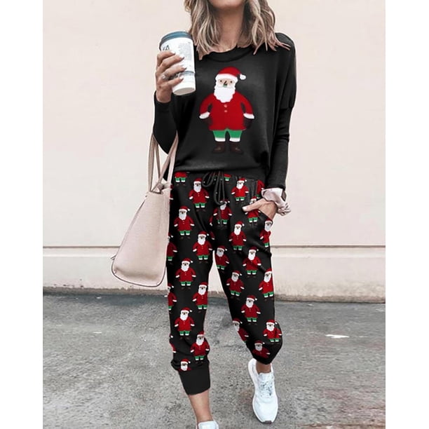 Sunloudy Conjunto de ropa de dos piezas de Halloween para mujer, jersey con estampado de esqueleto negro y pantalones con bolsillos, S/ M/ L Sunloudy moda