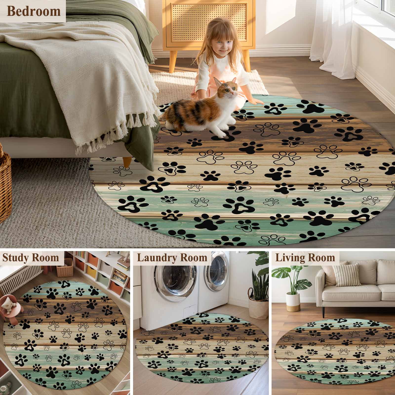 Round Rugs 4Ft, Teal Brown Round Area Rug Washable Indoor Throw Carpet, Pet Paw Printed Farmhouse Dog Claws Wood Grain Soft Non Slip Circle Rug for Kitchen Nursery Room Home Decor Aesthetic