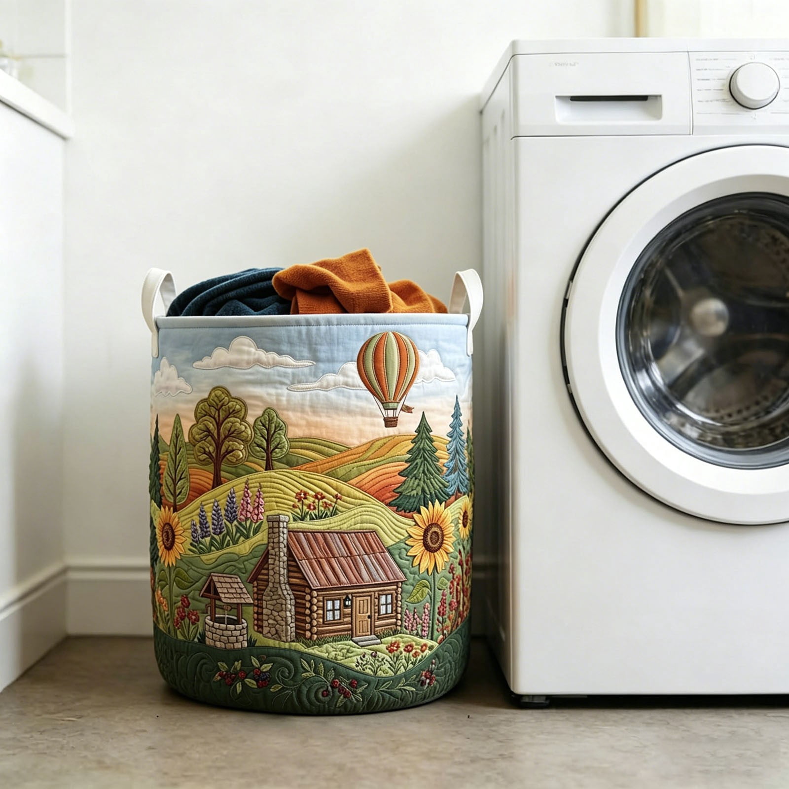 Quilted Laundry Basket with Handles, Boho Floral Quilted Storage Hamper, Large Soft Fabric Laundry Basket for Nursery, Bedroom, Laundry Room, Clothes & Toys (Pattern 02, Large (18"H x 14"W x 14"L))
