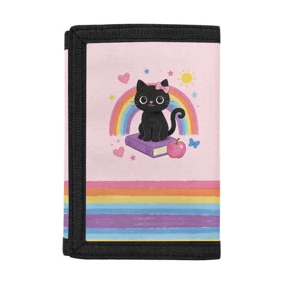 CHAQLIN Black Cat Rainbow Decoration Children's Wallet, Elastic Polyester Trifold Card Wallet for Daily Use, Slim Portable Kids Trifold Wallet