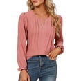 thumbnail image 3 of BiZtdJrK Womens Pleated Shirts Ruffle Long Sleeve V Neck Dressy Casual Tee Shirt Regular Fit Elegant Tunic Tops Pink M, 3 of 10