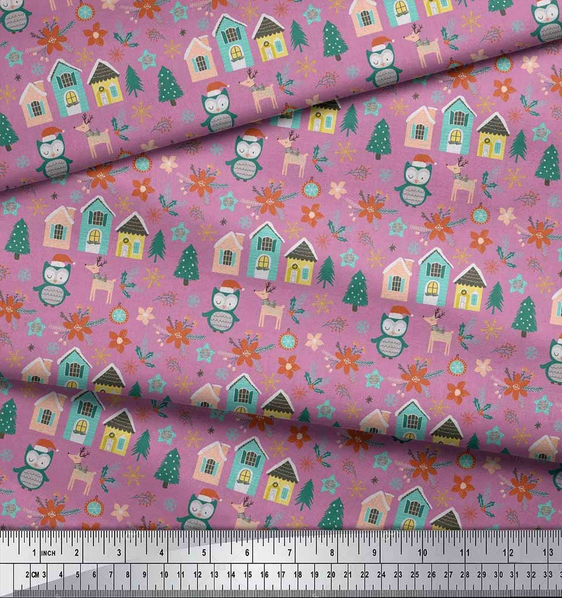 Soimoi Purple Heavy Satin Fabric Owl & Tree Christmas Print Sewing Fabric Yard 54 Inch Wide