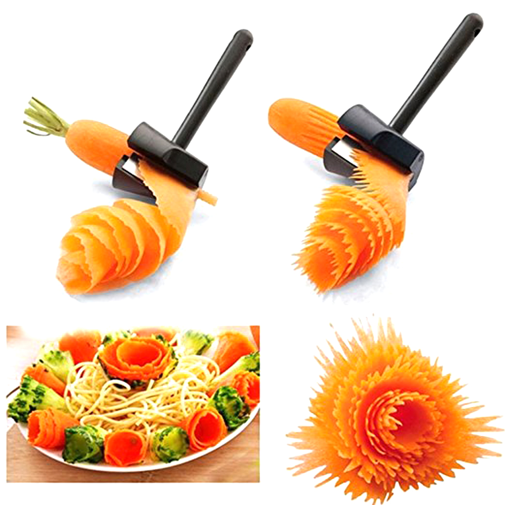 (Flower Slicer) - Easy Carrot Cucumber Spiral Curler Sharpener Crinkle Cutter Stainless Steel Carrot Flower Salad Decorating Maker Peeler for Fruits A